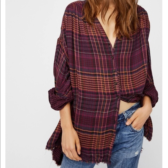 Free People Come  Over Here button up, plaid tunic shirt - Picture 1 of 11